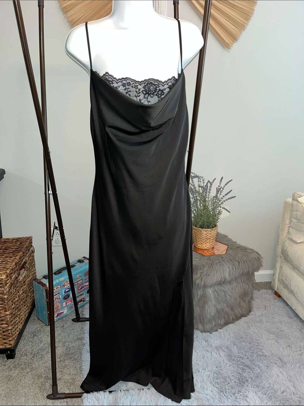Forever 21 Black Lace-Trim Slip Maxi Dress